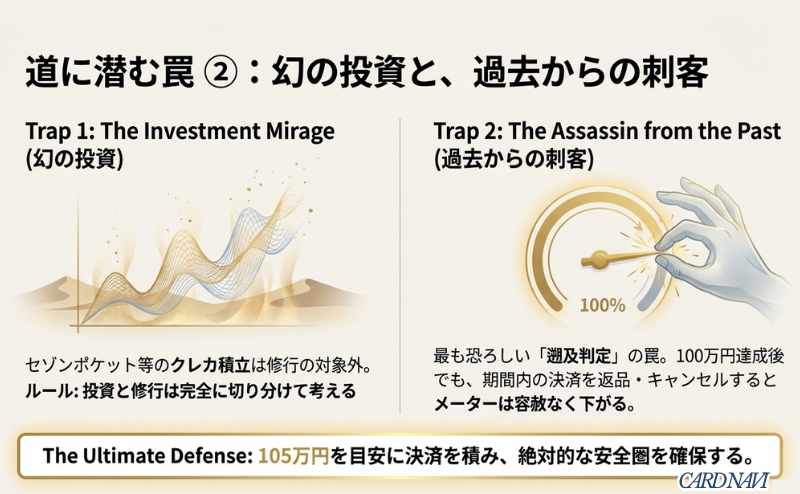 セゾンPortalアプリの実際の画面キャプチャを使用し、詳細・お受取りから特典バナーをタップしてメーターを確認する手順を示したスマホ操作ガイド