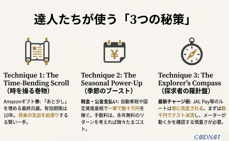 Amazonギフト券(時を操る)、税金・公金支払い(季節のブースト)、最新チャージ術(探求者の羅針盤)の3つの攻略法をまとめたスライド