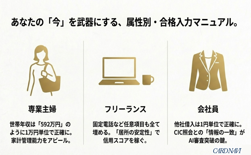 専業主婦、フリーランス、会社員それぞれの入力のコツをまとめたスライド。専業主婦は世帯年収、フリーランスは固定電話、会社員は他社借入の正確な入力を推奨