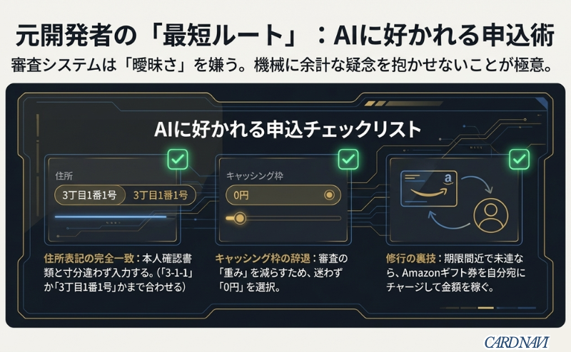 住所表記の完全一致やキャッシング枠0円の設定など、審査AIに好かれるための具体的な入力ポイントと修行の裏技をまとめたスライド