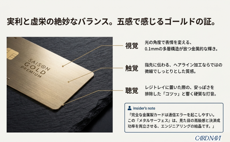 0.1mmの多層構造による輝き、ヘアライン加工の質感、硬質な打音など、メタルサーフェス券面の技術的こだわりを説明するスライド