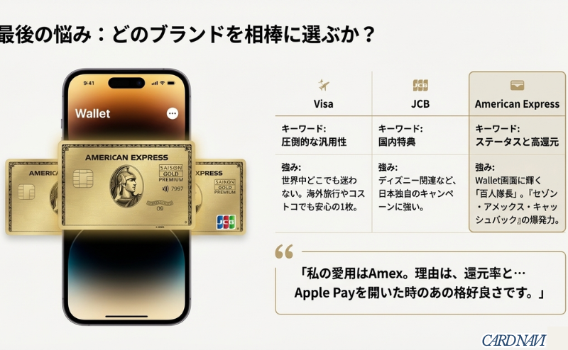 Visaの汎用性、JCBの国内特典、Amexのステータスと爆発的還元を比較し、Apple Payでの百人隊長ロゴの格好良さを強調したブランド選びスライド