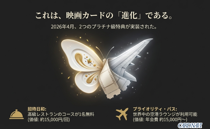 映画フィルムと飛行機の翼が一体となった蝶のイラスト。2026年4月から実装された「招待日和」と「プライオリティパス」の価値(各15,000円以上)を象徴するイメージ