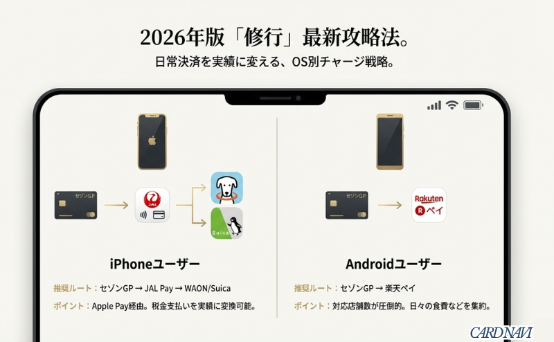 iPhone(JAL Pay経由)とAndroid(楽天ペイ経由)それぞれの推奨決済ルートを視覚化し、税金支払いなどを実績に変えるコツをまとめた図