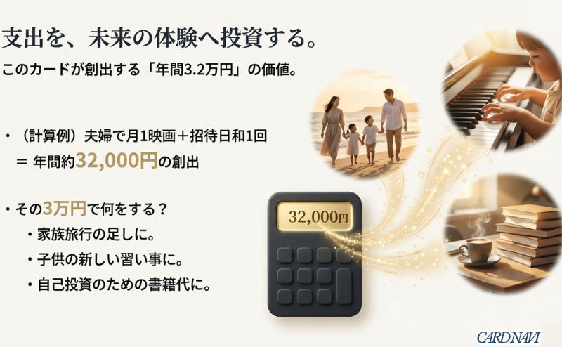 金色の電卓に32,000円と表示された画像。浮いたお金を家族旅行、習い事、自己投資などの未来の体験に回すことを提案するイメージ