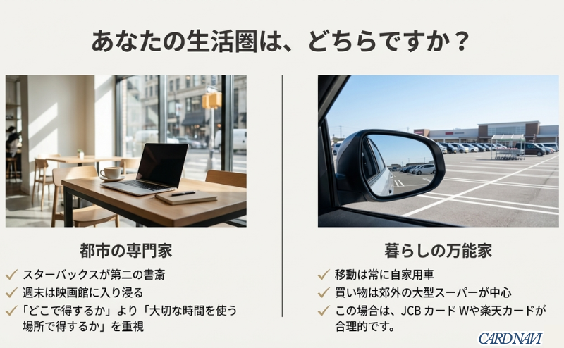 スタバや映画館を重視する都市部ユーザーと、車移動や郊外スーパー中心のユーザーで適正カードが異なることを示す比較スライド