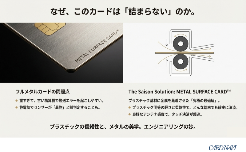 フルメタルカードの搬送エラーや静電気の問題に対し、プラスチック基材に金属を蒸着させた技術が「究極の最適解」であることを示す技術解説スライド