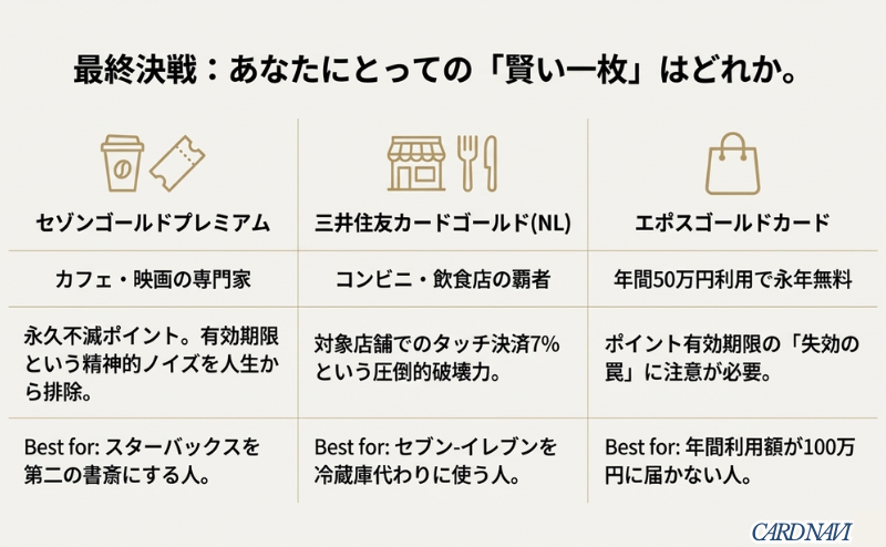 セゾン(カフェ・映画)、三井住友(コンビニ・飲食)、エポス(50万円修行)の強みとターゲットをまとめた比較スライド