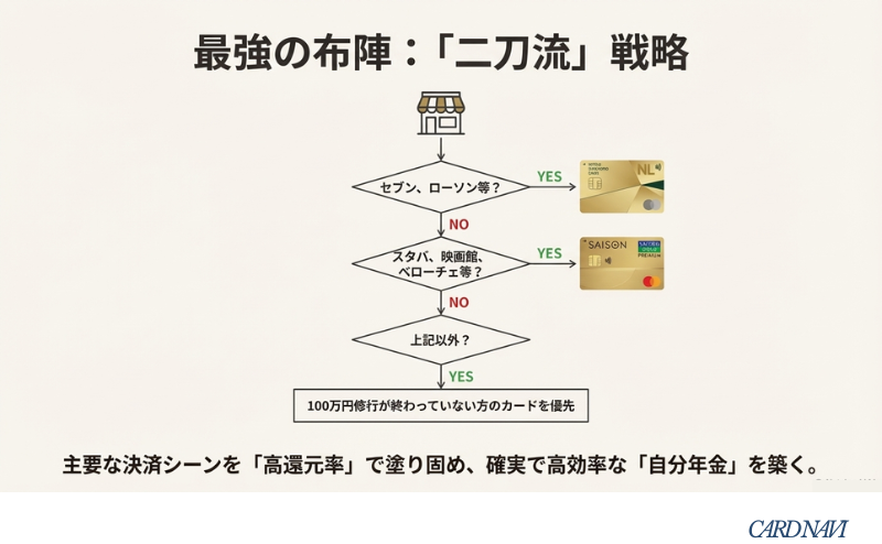 セブン・ローソンなら三井住友、スタバ・映画館ならセゾンなど、店舗ごとにカードを使い分けるための意思決定フローチャート