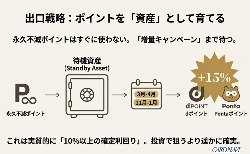 永久不滅ポイントを「待機資産」として金庫に保管し、特定の増量キャンペーン時期にdポイントやPontaポイントへ交換して15%の利益を得るフロー図