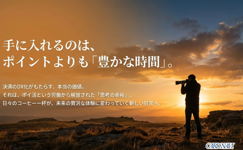 ポイント獲得以上に、労働(ポイ活)から解放された「豊かな時間」や「思考の余裕」こそが真の価値であることを示すまとめのスライド