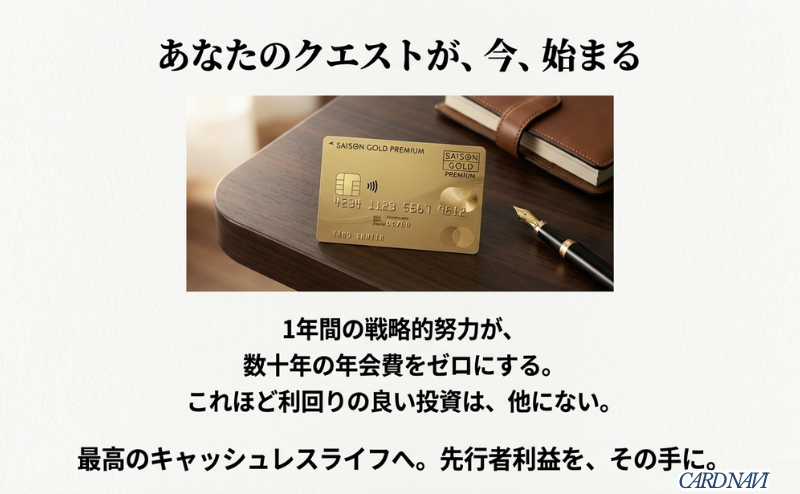 デスクに置かれたカードと万年筆の画像に「数十年の年会費をゼロにする」と添えられた結びのスライド